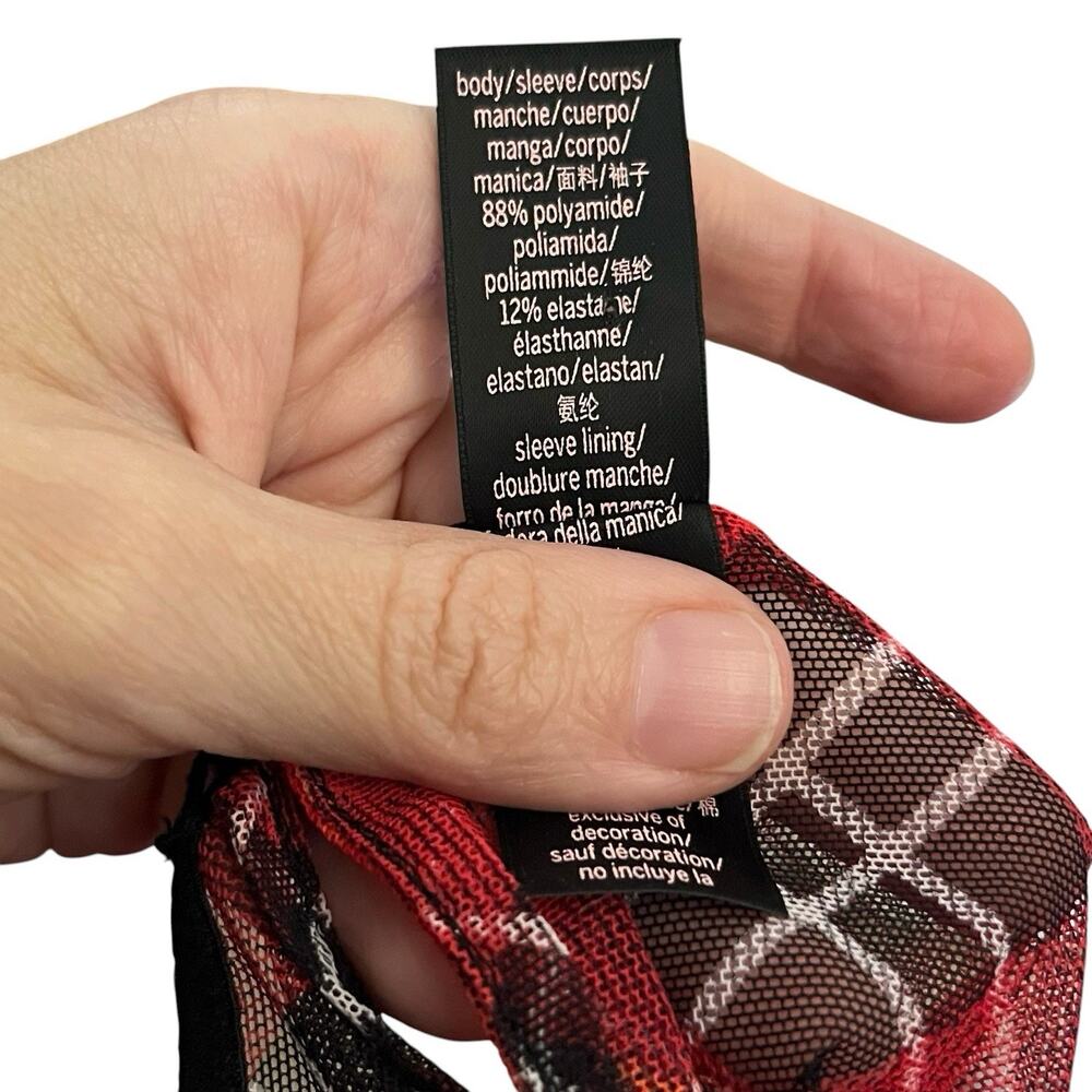 Victorias Secret Sheer Tartan Plaid Mesh Bodysuit Medium Ruched Long Sleeve Red - Picture 7 of 9